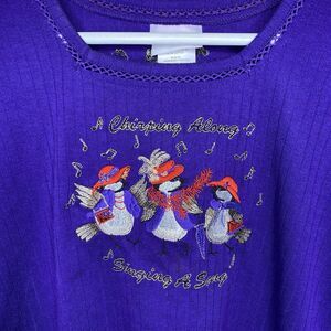Vtg BonWorth Blouse Red Hat Society Embroidered Birds Womens Petite XL Purple